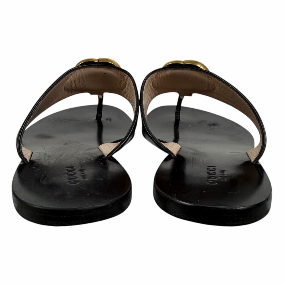 Gucci Black Leather Thong Sandal Gold Double G Logo Size 36.5 - Picture 8 of 14
